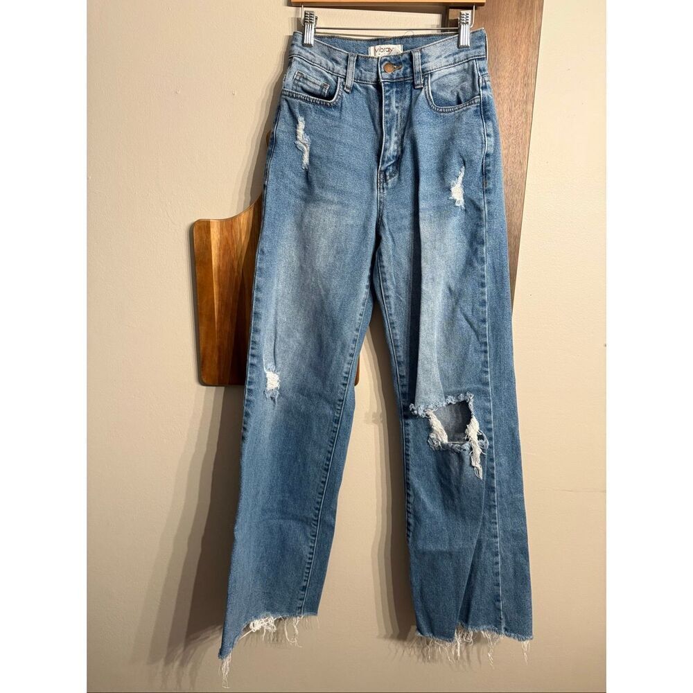 Vibrant MIU Blue Distressed High Rise Wide Leg Cotton Denim Jeans Size 24